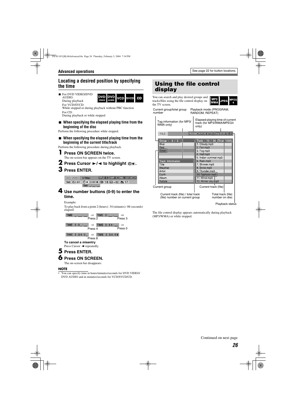 With, Random playback, Screen | A pg. 26), Using the file control display | JVC SP-THS5C User Manual | Page 29 / 48