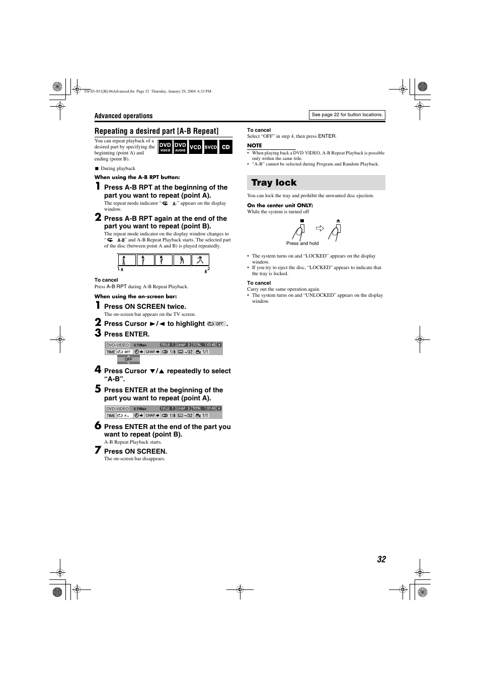 Tuner operations, T ray lock | JVC SP-THS5C User Manual | Page 35 / 48