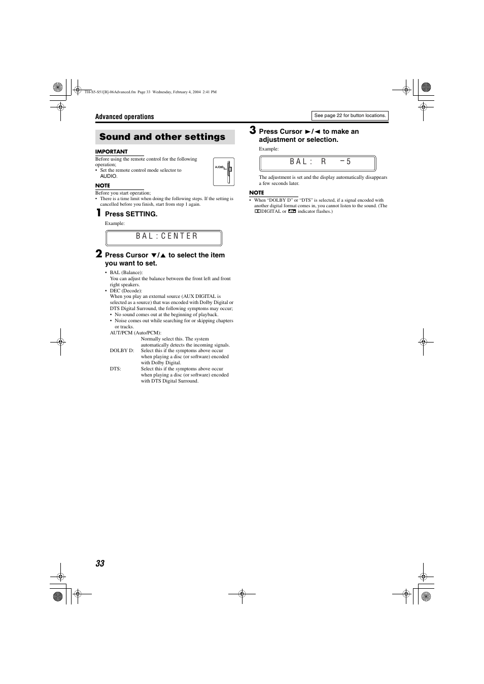 Manual tuning, Sound and other settings | JVC SP-THS5C User Manual | Page 36 / 48