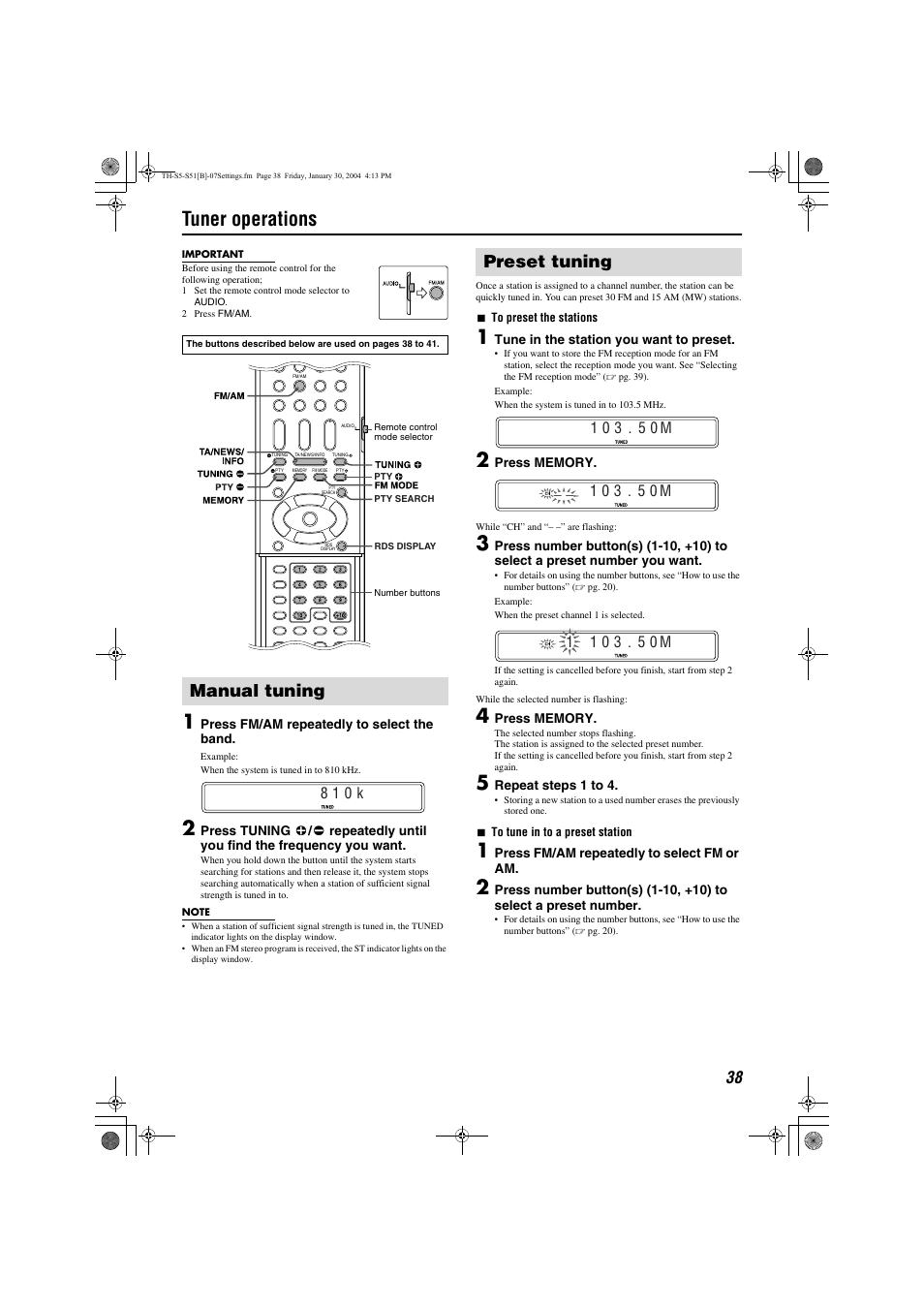 Tuner operations, Setup, Stations | References, Maintenance, Pg. 38, Station, A pg. 38), Manual tuning, Preset tuning | JVC SP-THS5C User Manual | Page 41 / 48