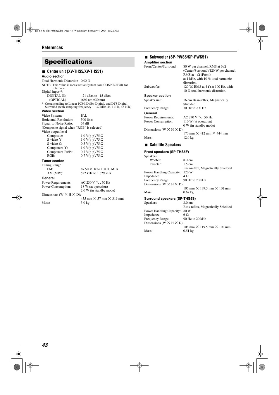 Specifications | JVC SP-THS5C User Manual | Page 46 / 48
