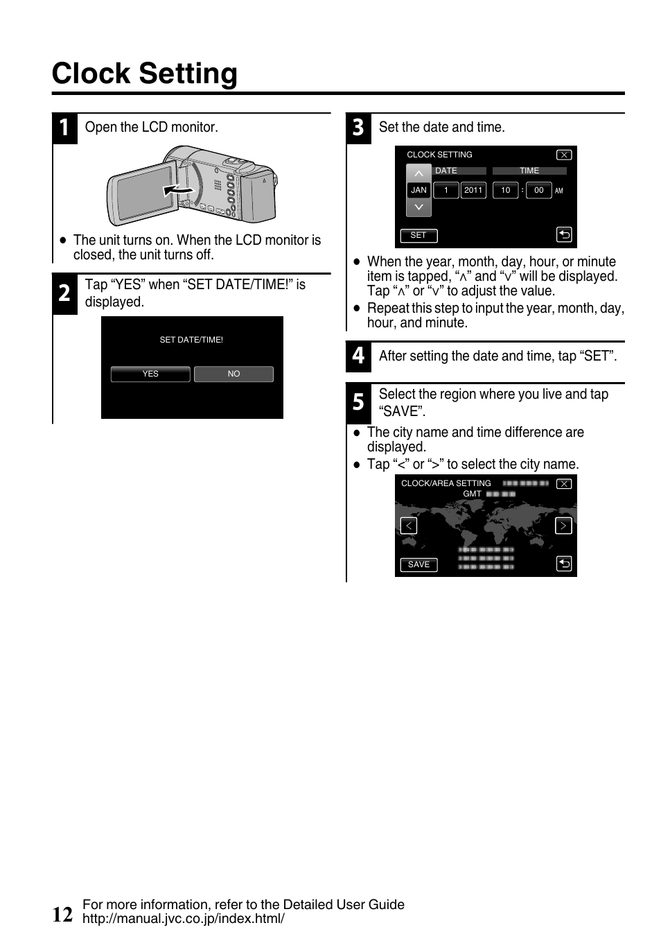 Clock setting | JVC EVERIO GZ-HM650U/GZ-HM450U User Manual | Page 12 / 64