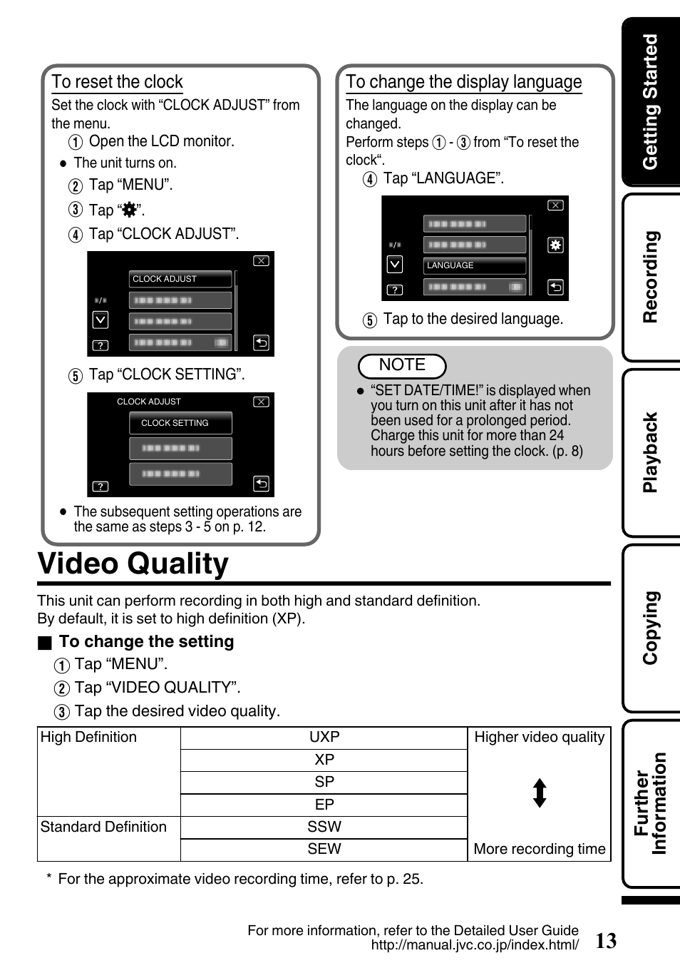 Video quality | JVC EVERIO GZ-HM650U/GZ-HM450U User Manual | Page 13 / 64