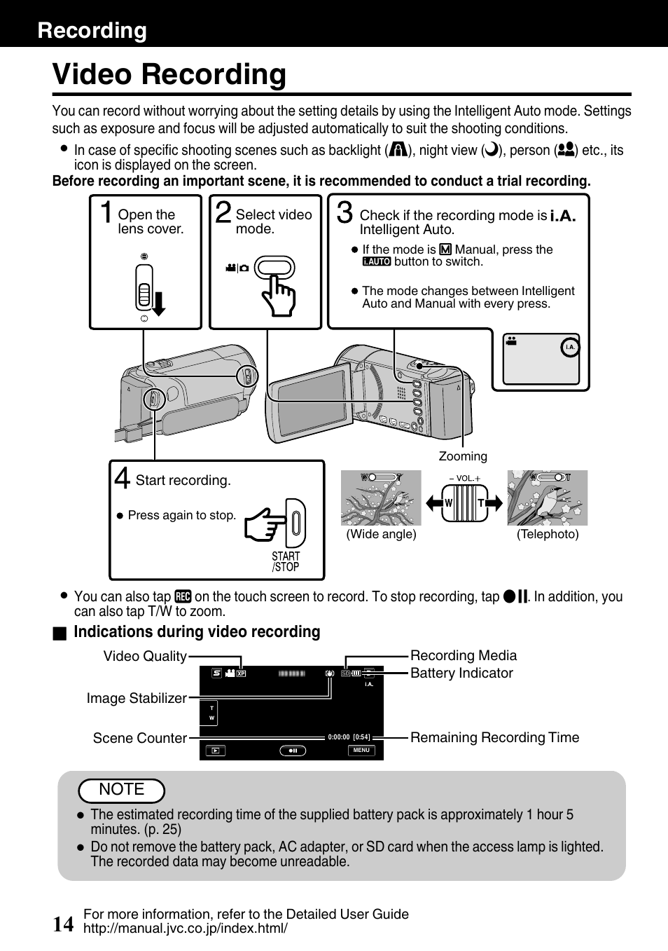 Recording, Video recording, I.auto (intelligent auto) button (p. 14) | Zoom/volume lever (p. 14, 16), Button (p. 14), Recording start/stop button (p. 14, Recording 14 | JVC EVERIO GZ-HM650U/GZ-HM450U User Manual | Page 14 / 64