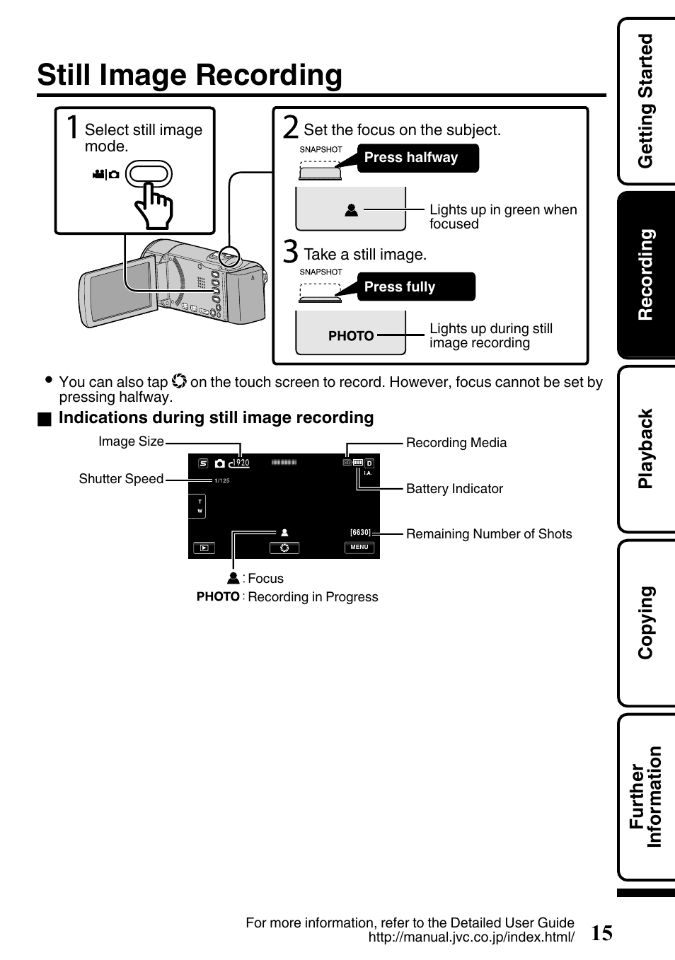 Still image recording, Button (p. 15) | JVC EVERIO GZ-HM650U/GZ-HM450U User Manual | Page 15 / 64