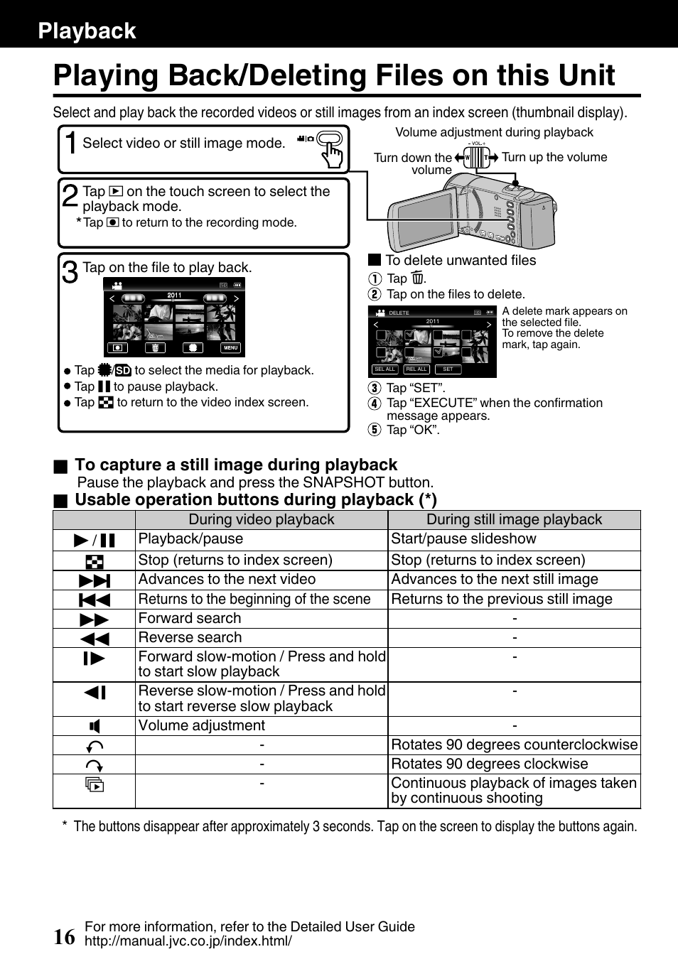 Playback, Playing back/deleting files on this unit, P. 16) | Operation buttons (p. 16, Playback 16 | JVC EVERIO GZ-HM650U/GZ-HM450U User Manual | Page 16 / 64