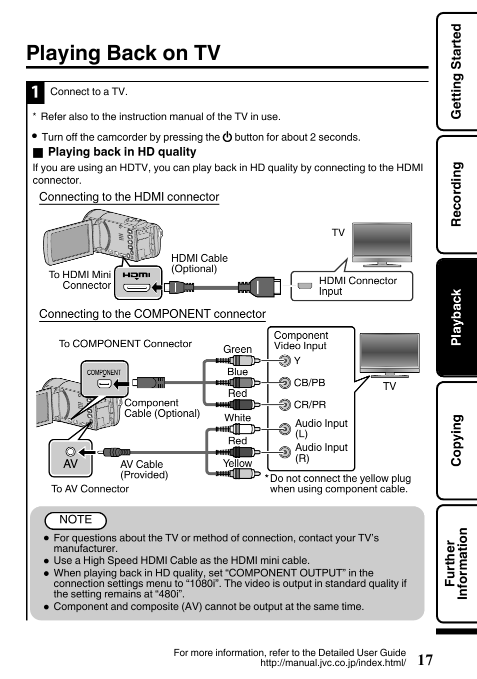 Playing back on tv, Hdmi mini connector (p. 17), P. 17) | JVC EVERIO GZ-HM650U/GZ-HM450U User Manual | Page 17 / 64