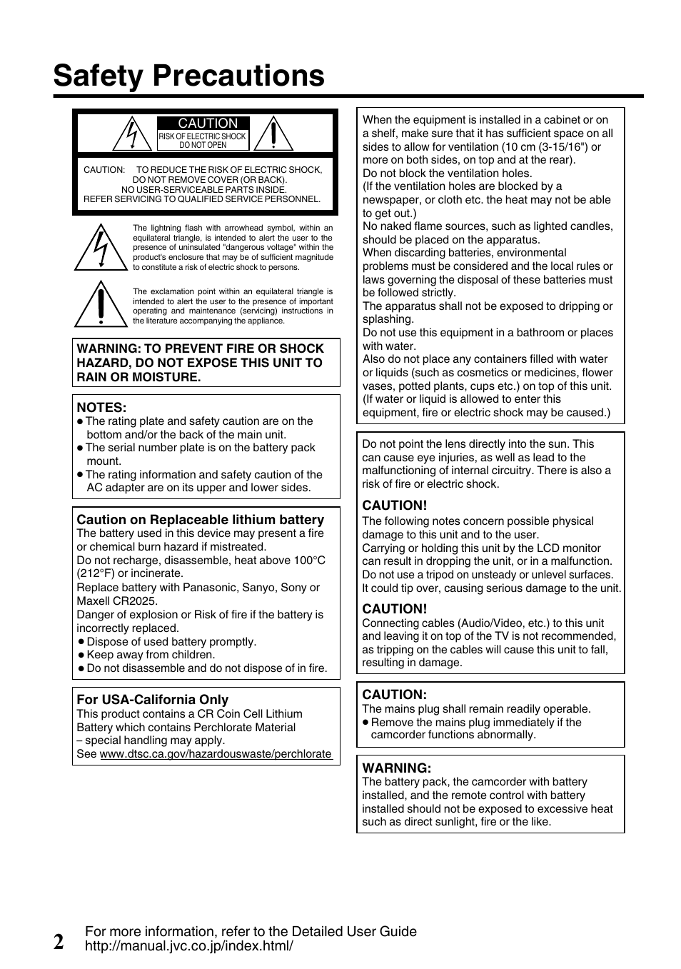 Safety precautions | JVC EVERIO GZ-HM650U/GZ-HM450U User Manual | Page 2 / 64