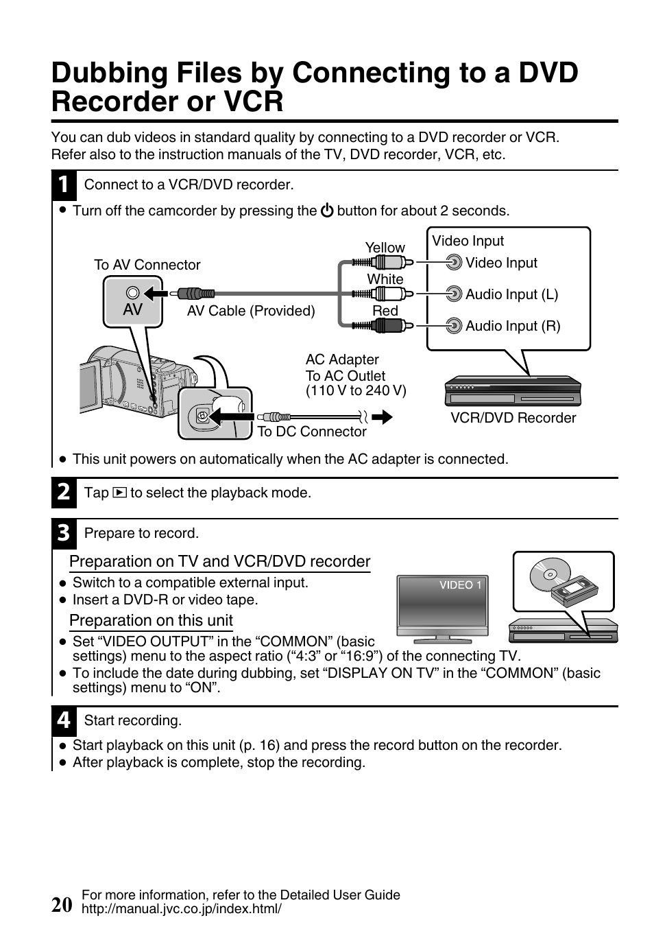 Dubbing files by connecting to a dvd, Recorder or vcr | JVC EVERIO GZ-HM650U/GZ-HM450U User Manual | Page 20 / 64