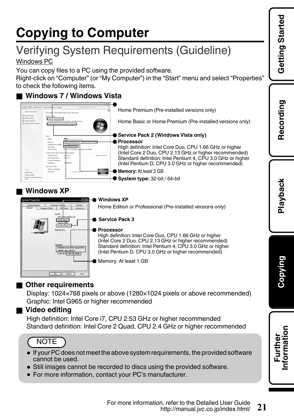 Copying to computer, Verifying system requirements (guideline) | JVC EVERIO GZ-HM650U/GZ-HM450U User Manual | Page 21 / 64