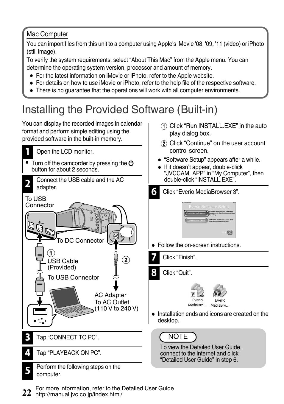 Installing the provided software (built-in), Of this unit. (p. 22) | JVC EVERIO GZ-HM650U/GZ-HM450U User Manual | Page 22 / 64