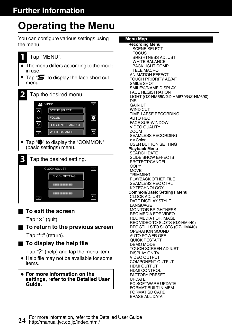 Further information, Operating the menu, P. 24) | Further information 24 | JVC EVERIO GZ-HM650U/GZ-HM450U User Manual | Page 24 / 64