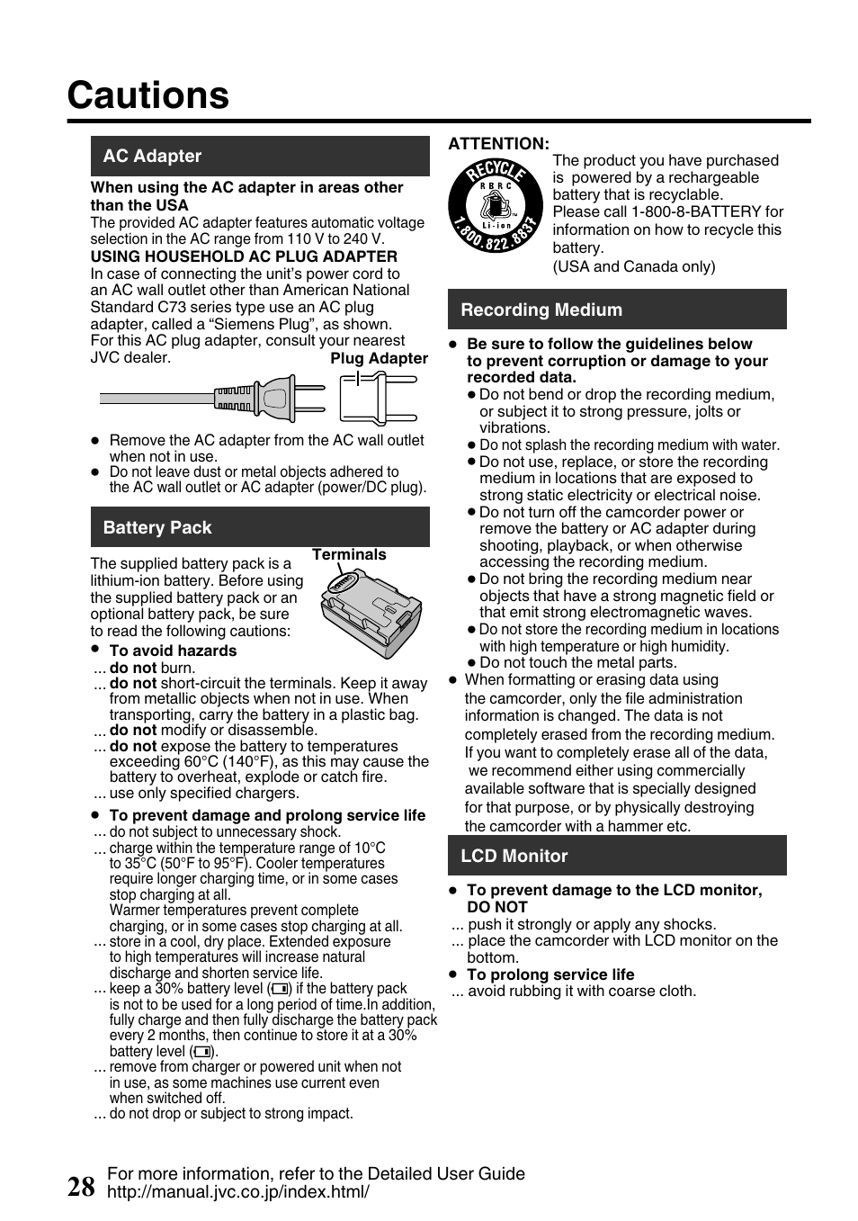 Cautions | JVC EVERIO GZ-HM650U/GZ-HM450U User Manual | Page 28 / 64