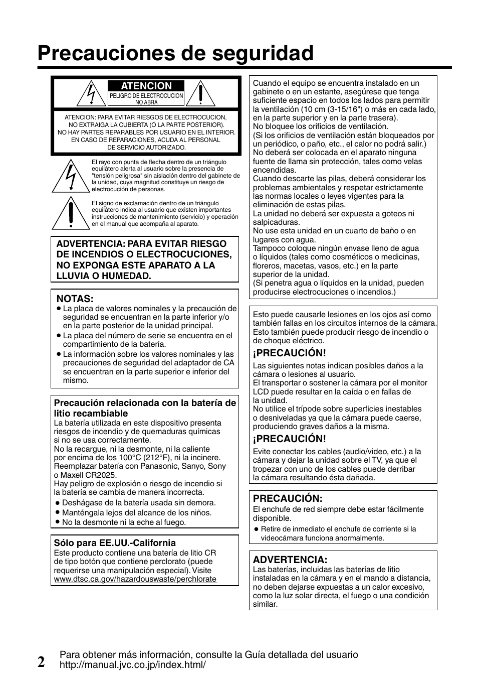 Precauciones de seguridad | JVC EVERIO GZ-HM650U/GZ-HM450U User Manual | Page 34 / 64