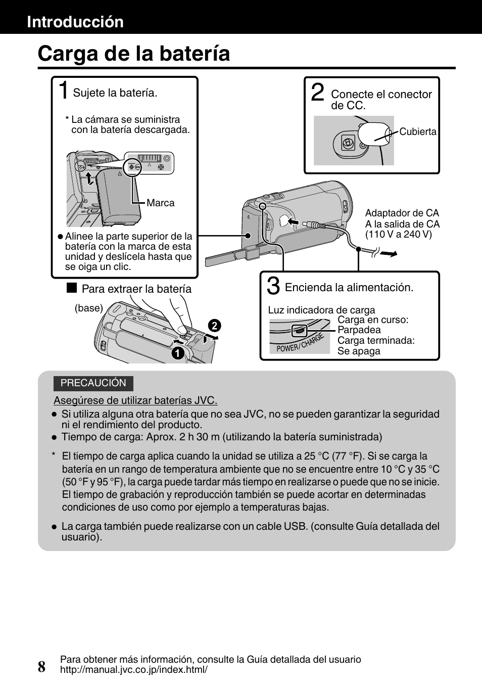 Introducción, Carga de la batería, Carga) (p. 8) | Conector de cc (p. 8), P. 8), Introducción 8 | JVC EVERIO GZ-HM650U/GZ-HM450U User Manual | Page 40 / 64