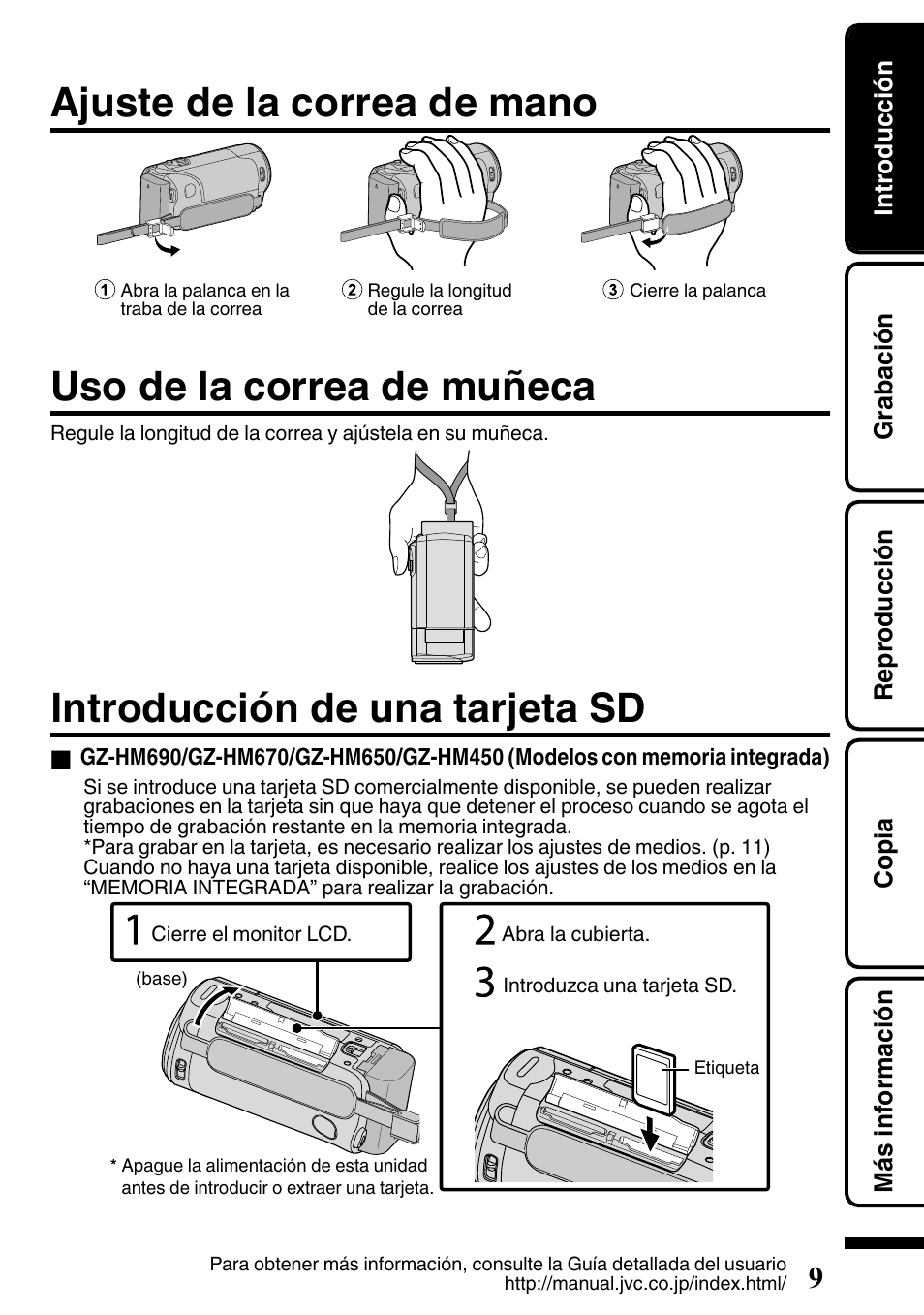 Ajuste de la correa de mano, Uso de la correa de muñeca, Introducción de una tarjeta sd | Correa de mano (p. 9), Traba de correa (p. 9), P. 9) | JVC EVERIO GZ-HM650U/GZ-HM450U User Manual | Page 41 / 64