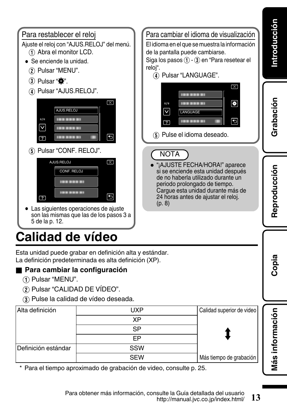 Calidad de vídeo, Para restablecer el reloj, Para cambiar el idioma de visualización | JVC EVERIO GZ-HM650U/GZ-HM450U User Manual | Page 45 / 64