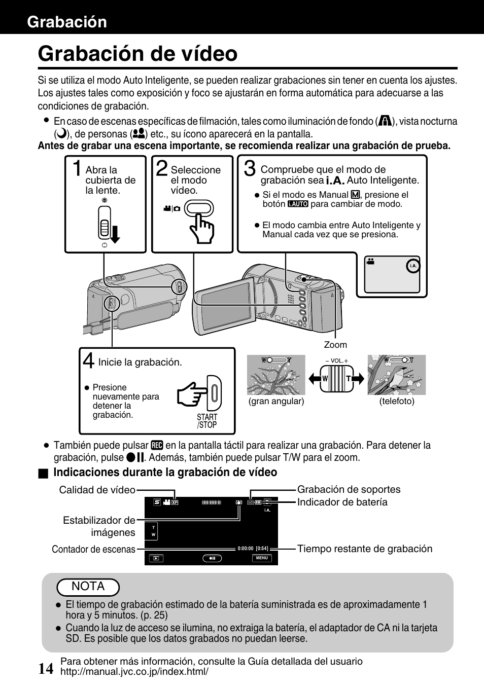 Grabación, Grabación de vídeo, P. 14 | Vídeo) (p. 14), Grabación 14 | JVC EVERIO GZ-HM650U/GZ-HM450U User Manual | Page 46 / 64