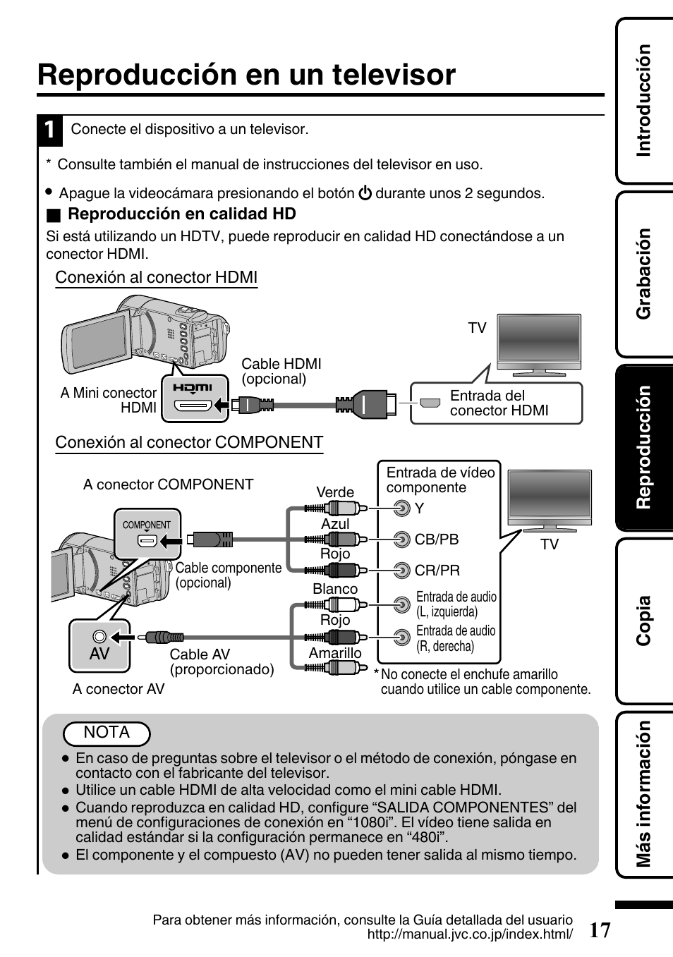 Reproducción en un televisor, Mini conector hdmi (p. 17), P. 17) | JVC EVERIO GZ-HM650U/GZ-HM450U User Manual | Page 49 / 64