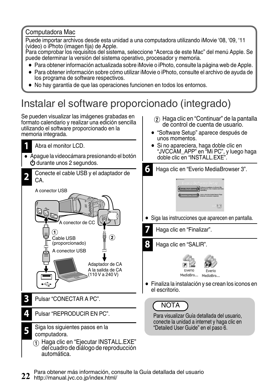 Instalar el software proporcionado (integrado), P. 22) | JVC EVERIO GZ-HM650U/GZ-HM450U User Manual | Page 54 / 64