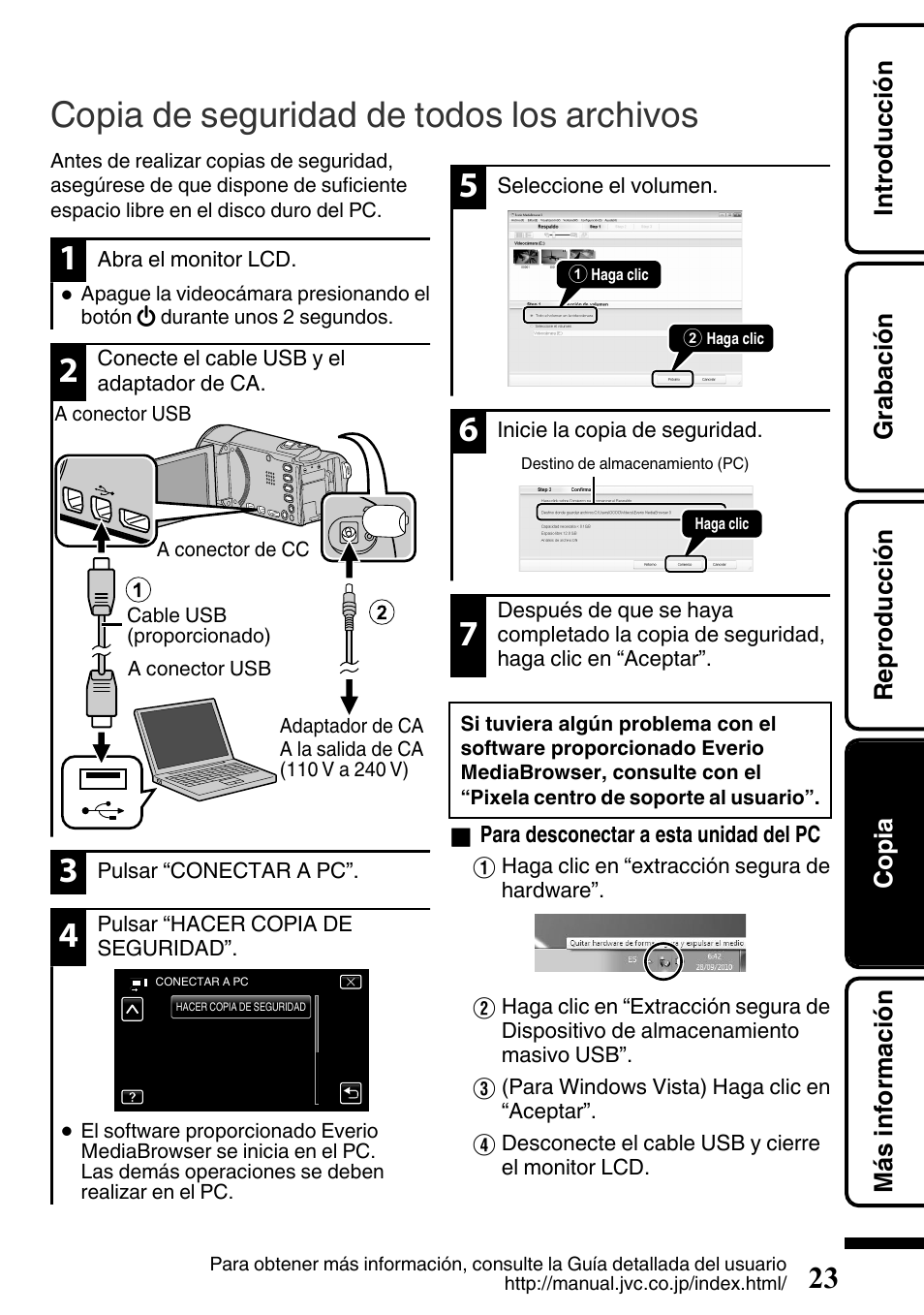 Copia de seguridad de todos los archivos, Conector usb (p. 23) | JVC EVERIO GZ-HM650U/GZ-HM450U User Manual | Page 55 / 64