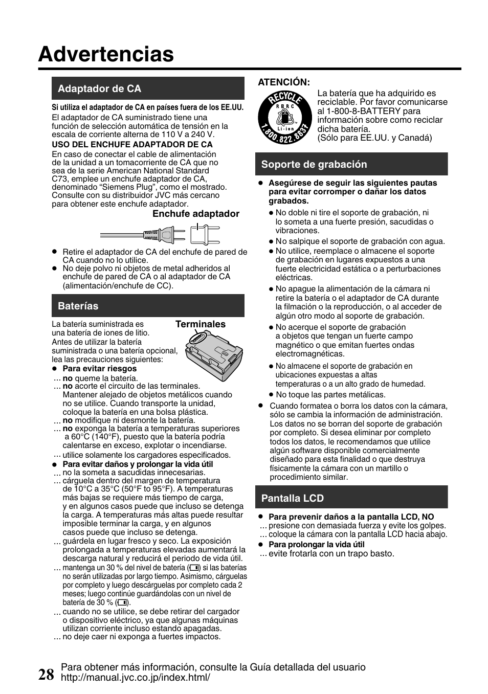 Advertencias | JVC EVERIO GZ-HM650U/GZ-HM450U User Manual | Page 60 / 64