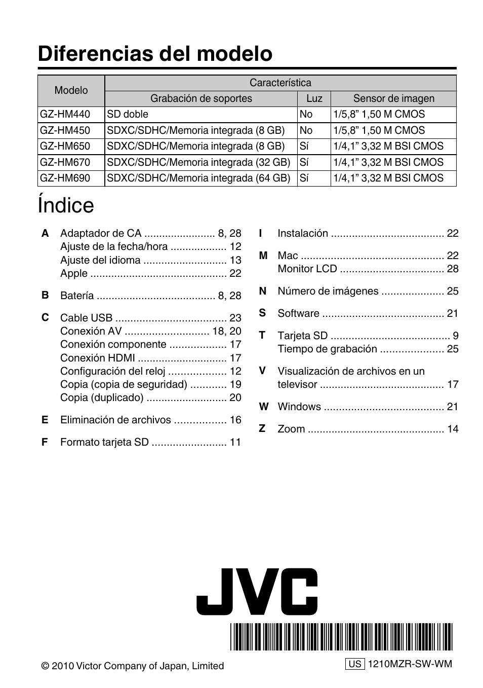 Diferencias del modelo, Índice | JVC EVERIO GZ-HM650U/GZ-HM450U User Manual | Page 64 / 64