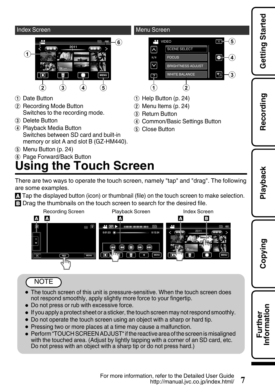 Using the touch screen, Touch screens. (p. 7 | JVC EVERIO GZ-HM650U/GZ-HM450U User Manual | Page 7 / 64