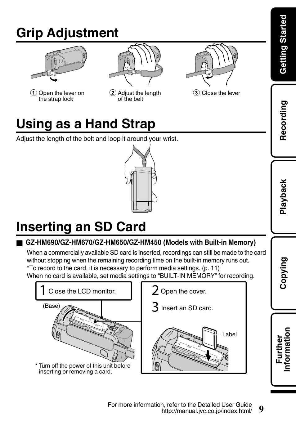 Grip adjustment, Using as a hand strap, Inserting an sd card | Grip belt (p. 9), Strap lock (p. 9), Sd card slot (p. 9) | JVC EVERIO GZ-HM650U/GZ-HM450U User Manual | Page 9 / 64