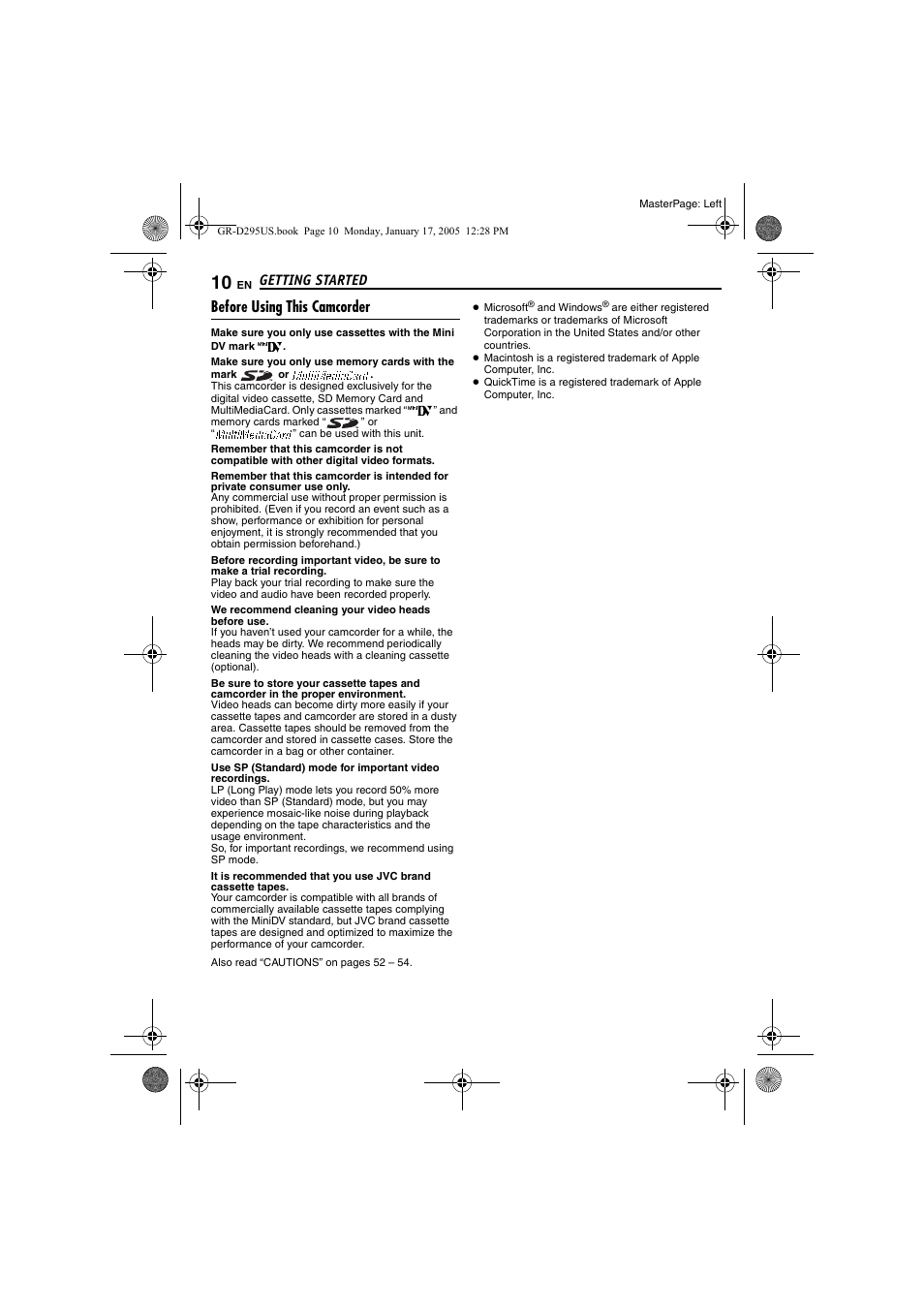 Before using this camcorder, Getting started | JVC GR-D295U User Manual | Page 10 / 56