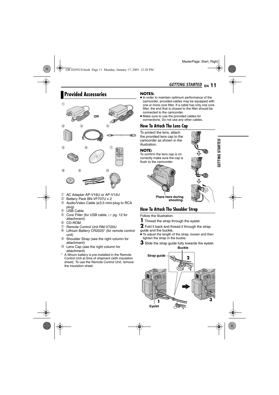 Provided accessories, How to attach the lens cap, How to attach the shoulder strap | Pg. 11) | JVC GR-D295U User Manual | Page 11 / 56