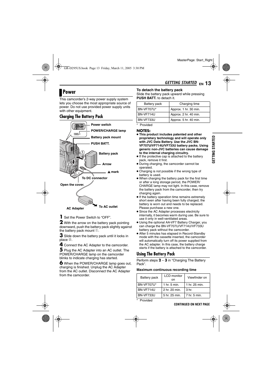 Power, Charging the battery pack, Using the battery pack | Pg. 13), Pg. 13 | JVC GR-D295U User Manual | Page 13 / 56