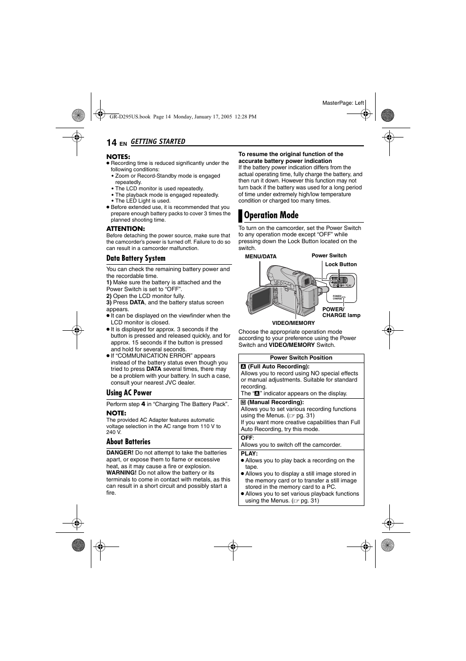 Data battery system, Using ac power, About batteries | Operation mode, Tton, Pg. 14), De (੬ pg. 14) | JVC GR-D295U User Manual | Page 14 / 56