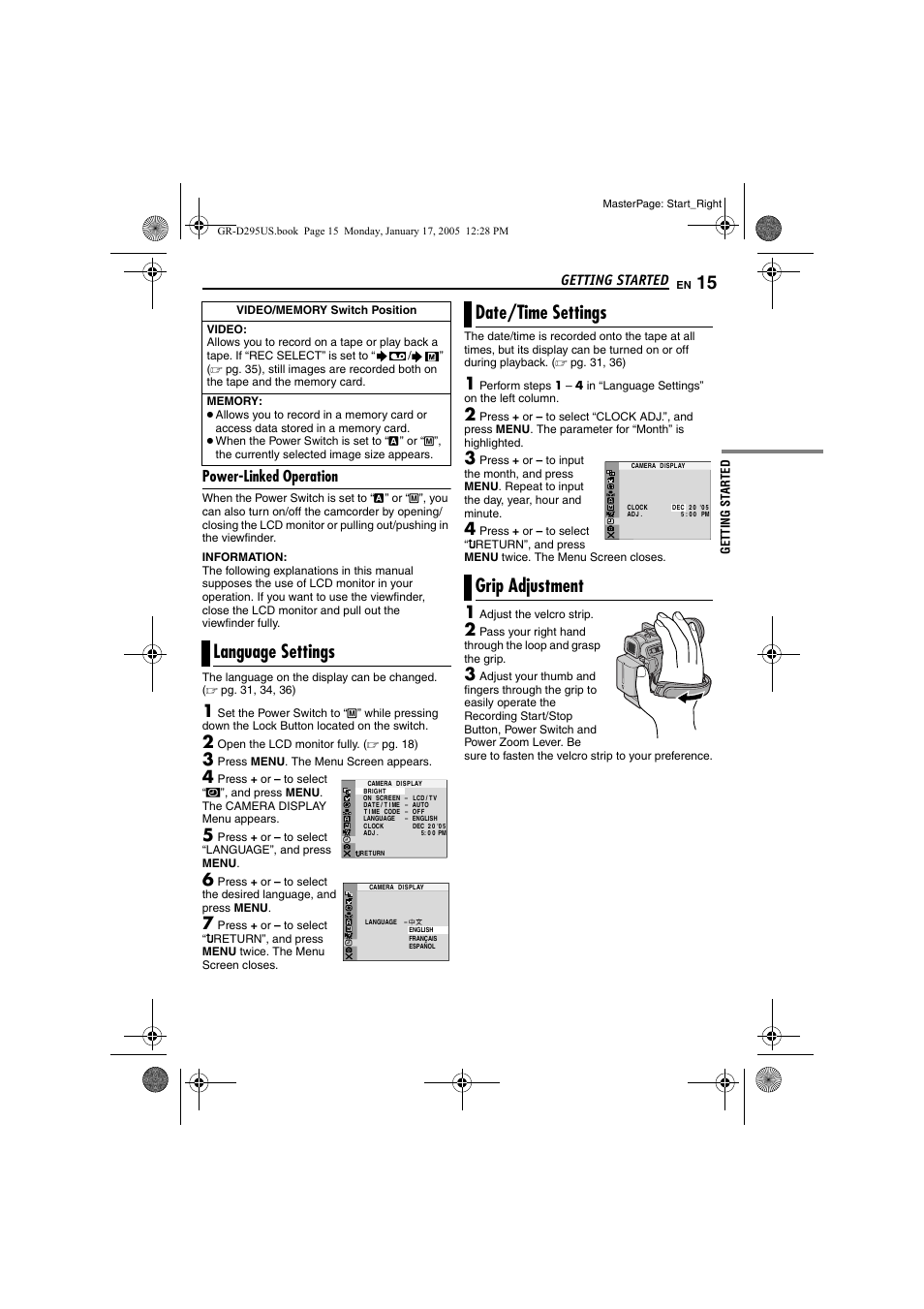 Power-linked operation, Language settings, Date/time settings | Grip adjustment, 15 date/time settings, 15 grip adjustment, Pg. 15), Time, Date/time settings grip adjustment, Getting started | JVC GR-D295U User Manual | Page 15 / 56