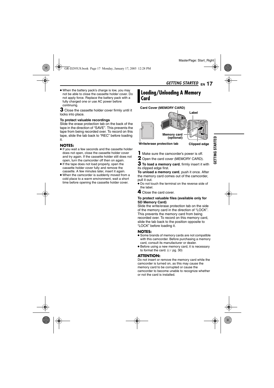 Loading/unloading a memory card, Pg. 17) | JVC GR-D295U User Manual | Page 17 / 56