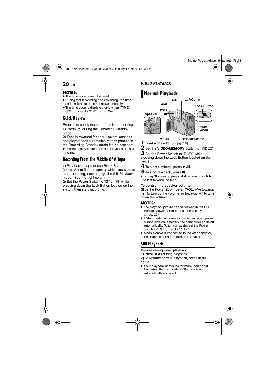 Quick review, Recording from the middle of a tape, Normal playback | Still playback, Video playback, 20 recording from the middle of a tape, Pg. 20), M recording from the middle of a tape, Pg. 20) in | JVC GR-D295U User Manual | Page 20 / 56