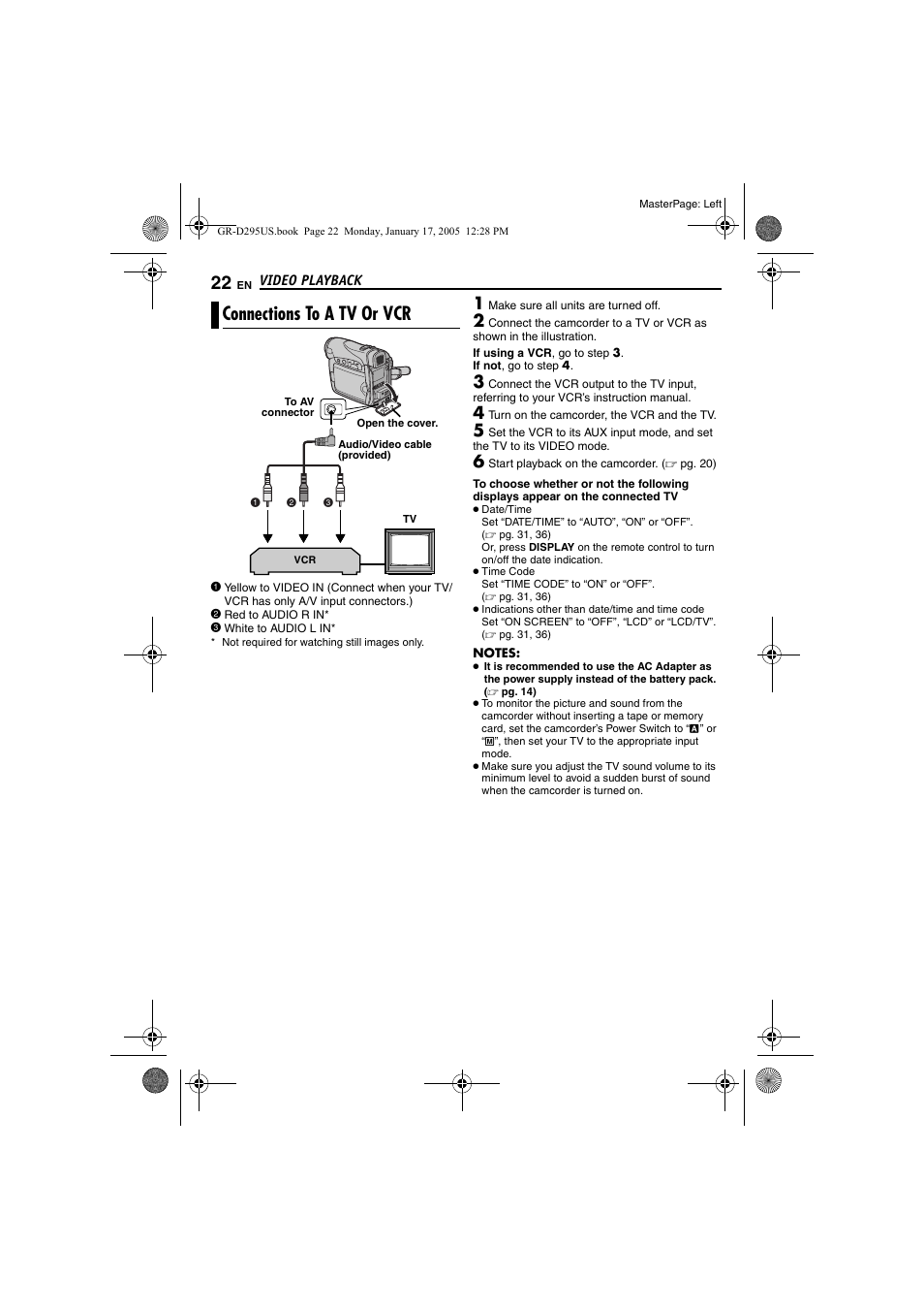 Connections to a tv or vcr, Pg. 22, 4, Pg. 22) | JVC GR-D295U User Manual | Page 22 / 56