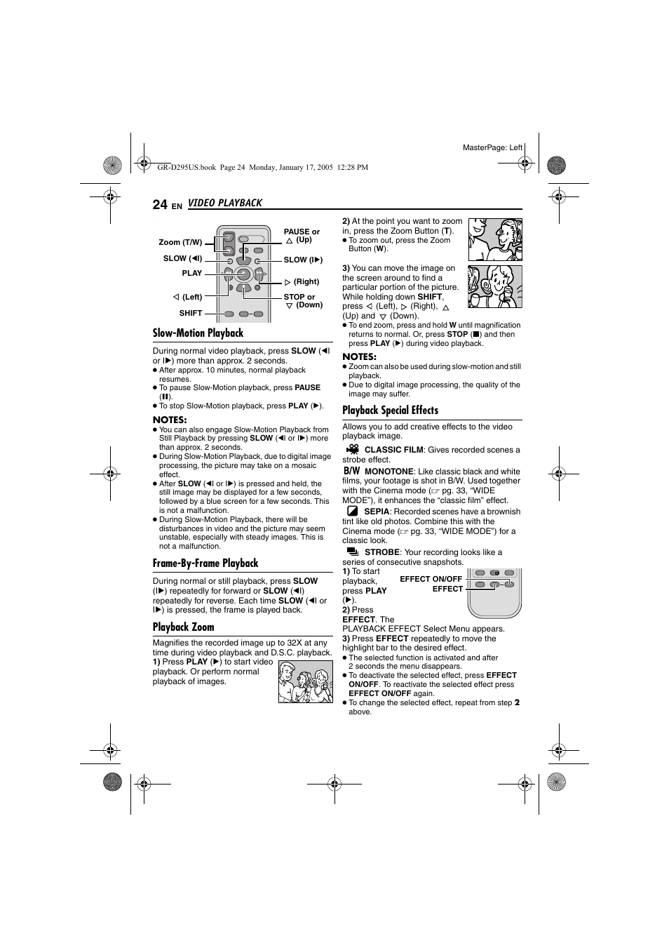 Slow-motion playback, Frame-by-frame playback, Playback zoom | Playback special effects, Pg. 24), N (੬ pg. 24) | JVC GR-D295U User Manual | Page 24 / 56