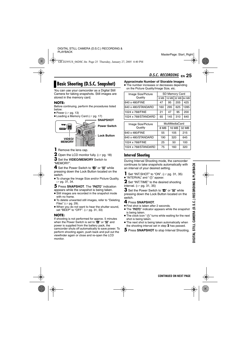 D.s.c. recording, Basic shooting (d.s.c. snapshot), Interval shooting | Digital still camera (d.s.c.) recording & playback, Pg. 25, 3, Pg. 25) | JVC GR-D295U User Manual | Page 25 / 56