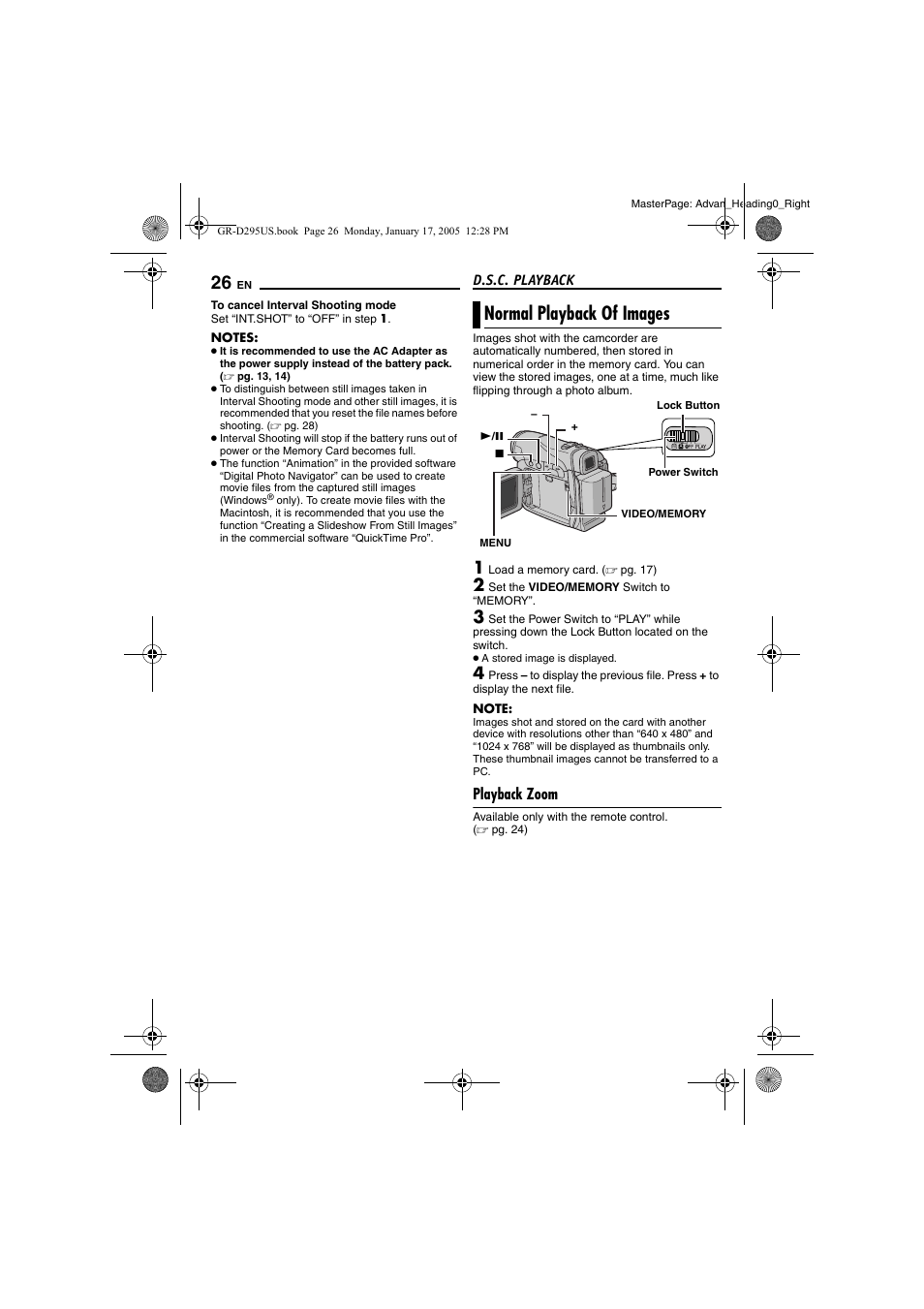 Normal playback of images, Playback zoom, D.s.c. playback | Pg. 26), Card (੬ pg. 26) | JVC GR-D295U User Manual | Page 26 / 56