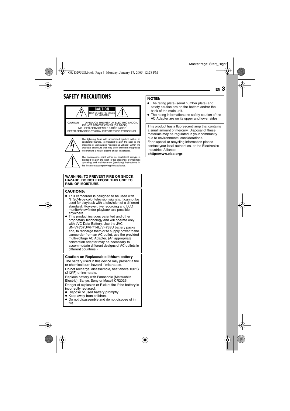 Safety precautions | JVC GR-D295U User Manual | Page 3 / 56