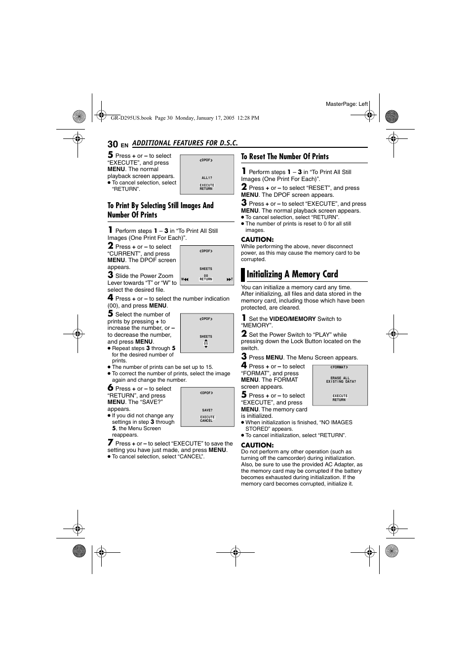 To reset the number of prints, Initializing a memory card, Pg. 30) | JVC GR-D295U User Manual | Page 30 / 56