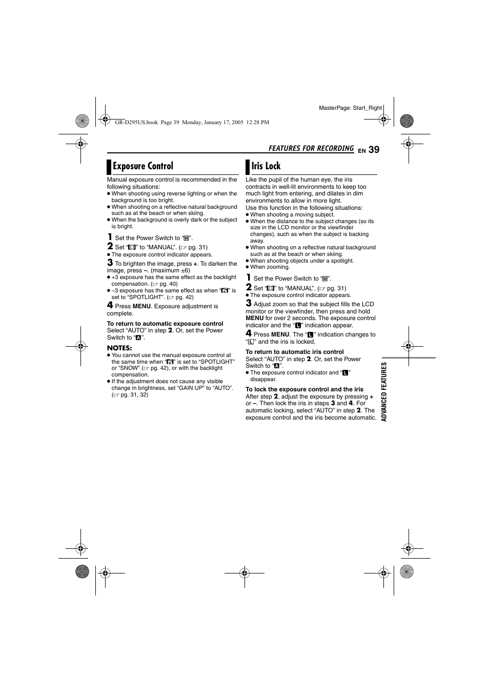 Exposure control, Iris lock, 39 iris lock | Pg. 39), Exposure control iris lock | JVC GR-D295U User Manual | Page 39 / 56