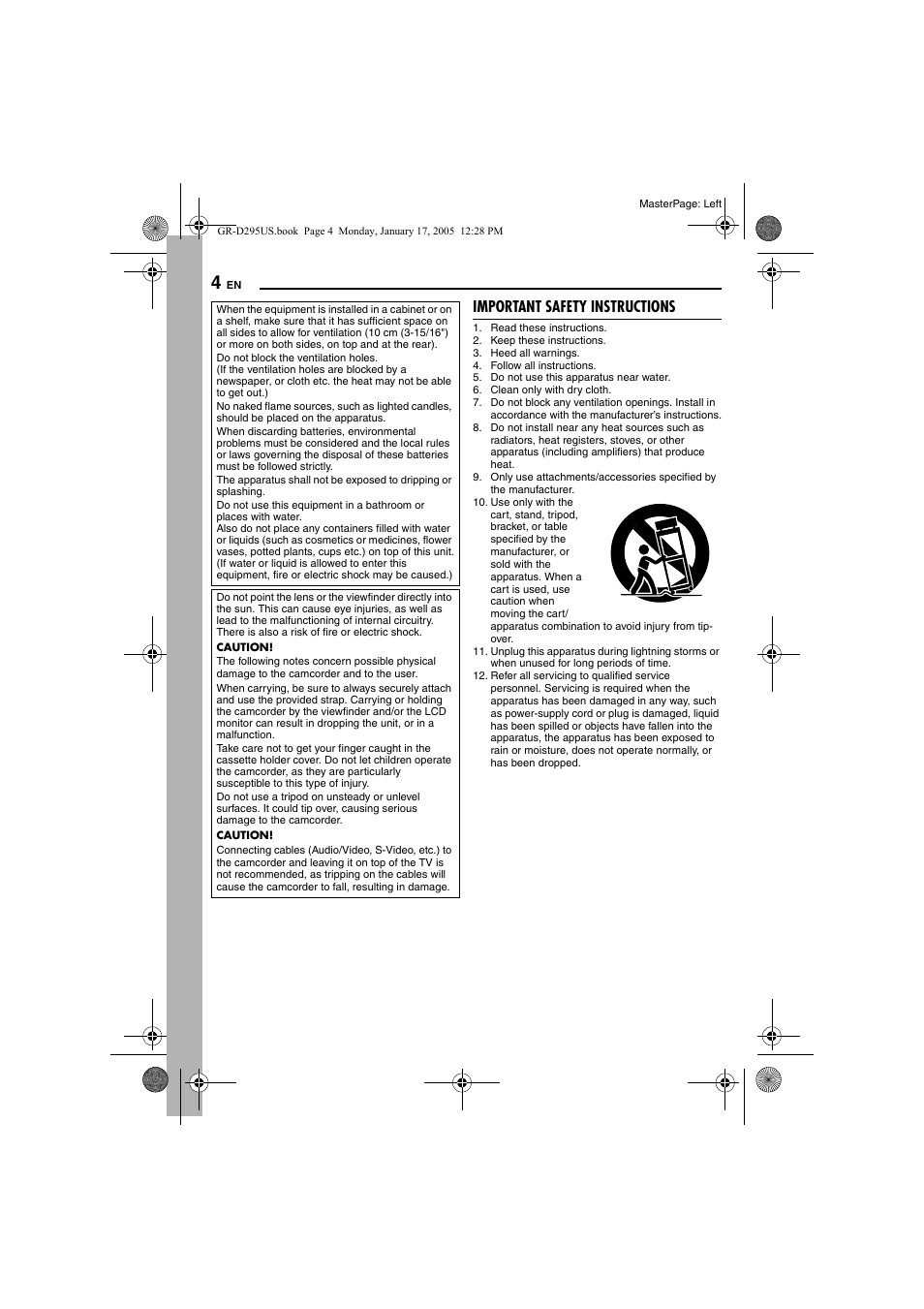 Important safety instructions, 4 and 10 | JVC GR-D295U User Manual | Page 4 / 56