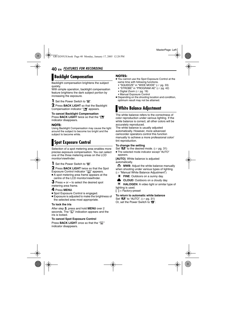 Backlight compensation, Spot exposure control, White balance adjustment | Pg. 40), Pg. 40, spot exposure, Control), 40 spot exposure control, 40 white balance adjustment, Light | JVC GR-D295U User Manual | Page 40 / 56