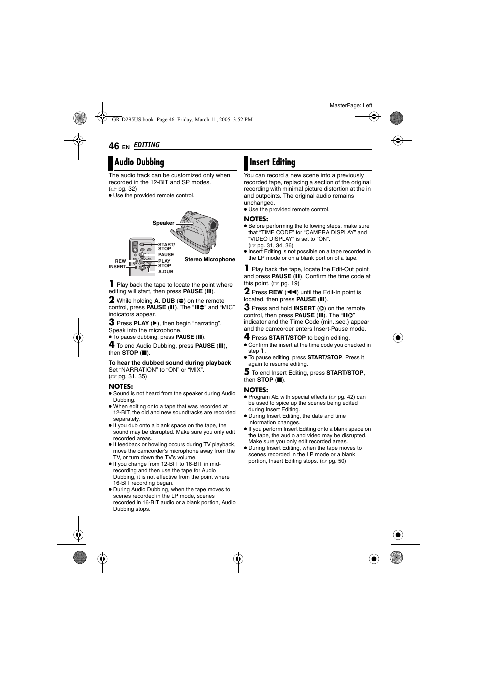 Audio dubbing, Insert editing, 46 insert editing | Pg. 46), Pg. 46) and i, Pg. 46) a | JVC GR-D295U User Manual | Page 46 / 56