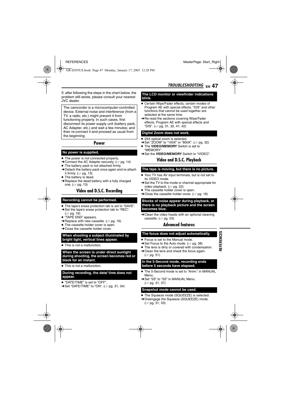 Troubleshooting, References, Power | Video and d.s.c. recording, Video and d.s.c. playback, Advanced features | JVC GR-D295U User Manual | Page 47 / 56