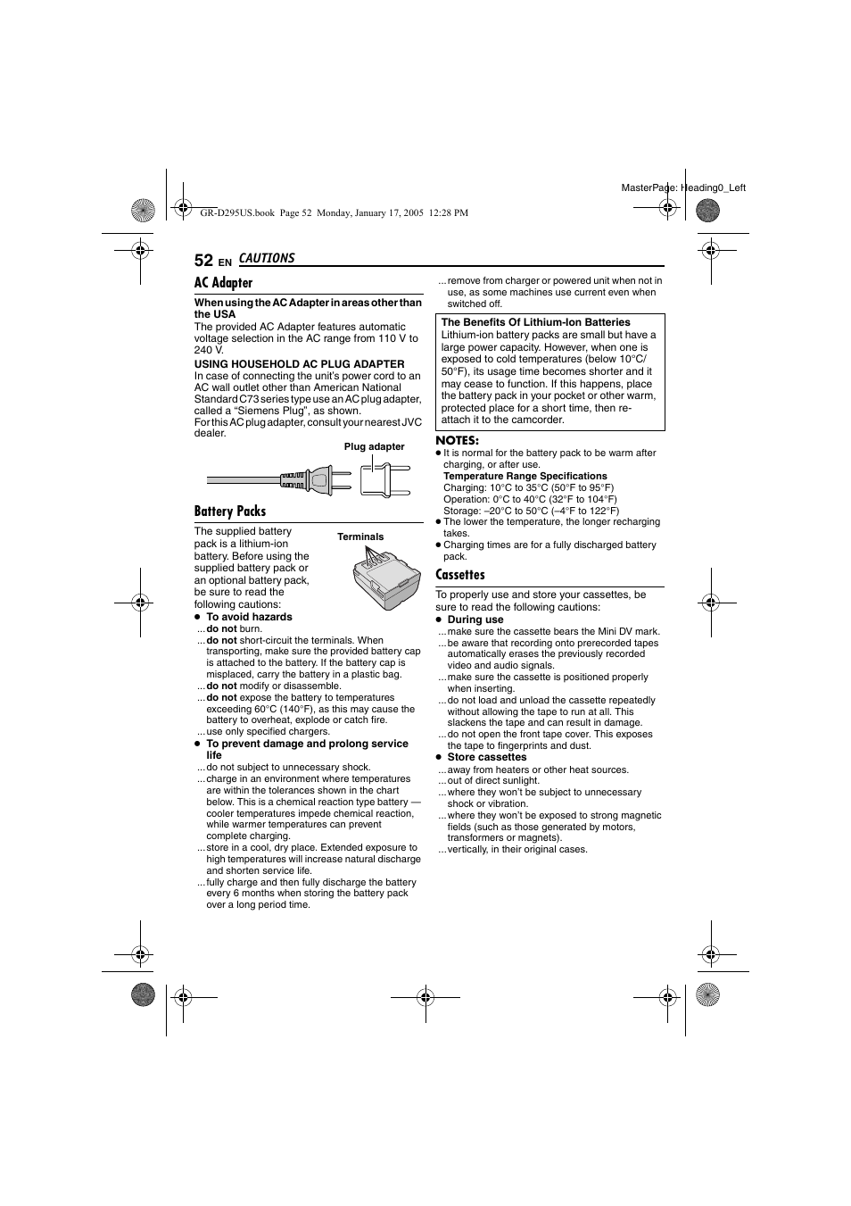 Cautions, Ac adapter, Battery packs | Cassettes, Pg. 52) | JVC GR-D295U User Manual | Page 52 / 56