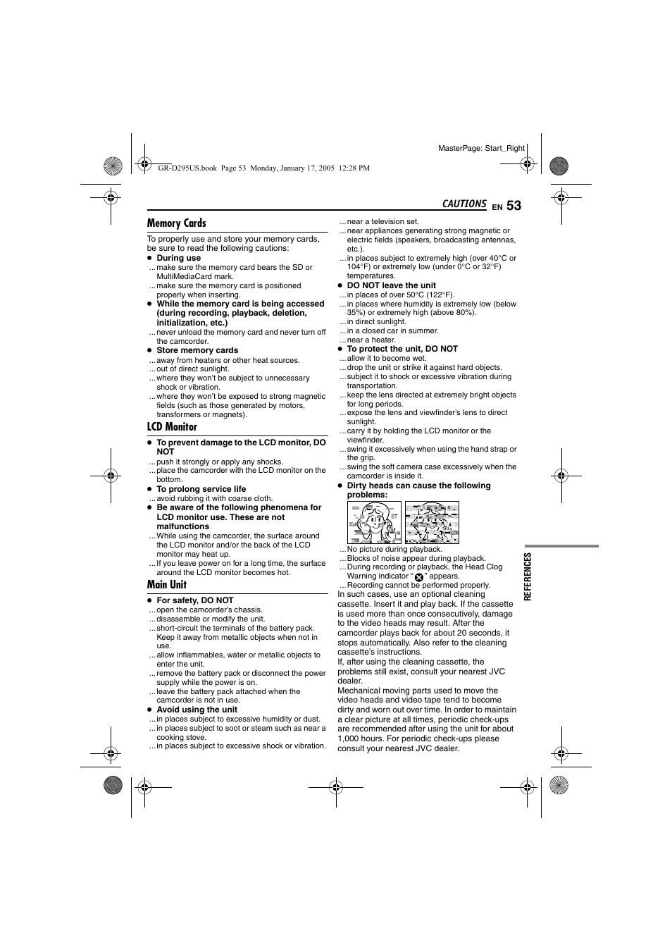 Memory cards, Lcd monitor, Main unit | Pg. 53) | JVC GR-D295U User Manual | Page 53 / 56