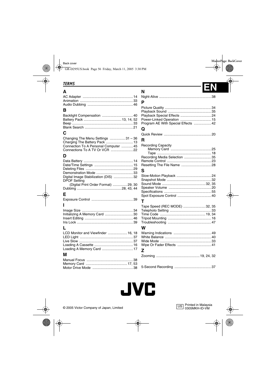 Terms, Back cover | JVC GR-D295U User Manual | Page 56 / 56